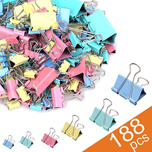 Book Cover 188 Pcs Binder Clips Paper Clamps Assorted 6 Sizes, Paper Binder Clips Metal Fold Back Clips with Box for Office,School and Home Supplies,Assorted Colors