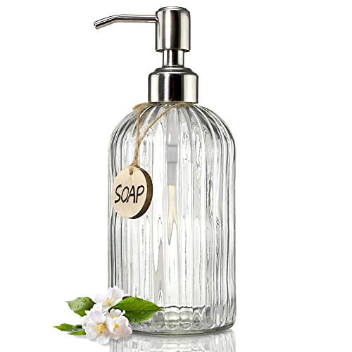 Book Cover JASAI 18 Oz Clear Glass Soap Dispenser with Rust Proof Stainless Steel Pump, Refillable Liquid Hand Soap Dispenser for Bathroom, Premium Kitchen Soap Dispenser (Clear)