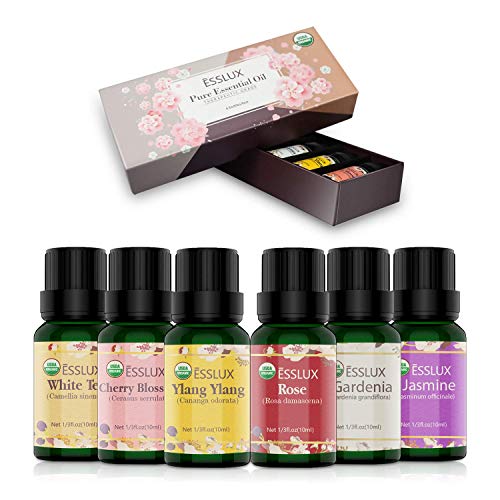 Book Cover ESSLUX Floral Essential Oils Set, 100% Pure Aromatherapy Oil Gift Set for Diffuser & Massage, Rose, Ylang Ylang, Jasmine, Gardenia, Cherry Blossom, White Tea Oil, 6x10ml (Multicolor)