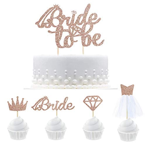 Book Cover 33 Rose Gold Bride To Be Cake Topper Cupcake Toppers with Diamond Crown Bride Sign 3D Wedding Dress Cupcake Topper for Bridal Shower Wedding Engagement Bachelorette Hen Party Cake Decorations Supplies
