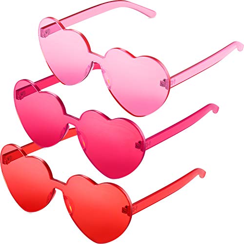 Book Cover Maxdot 3 Pieces Heart Shape Sunglasses Rimless Heart Sunglasses Clear for Valentine St. Patrick's Day Summer Party Women Girl (Pink, Rose Red, Red)