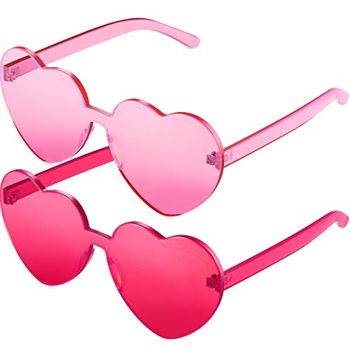 Book Cover Maxdot 2 Pieces Heart Shape Rimless Sunglasses Transparent Candy Color Frameless Glasses Love Eyewear (Rose Red, Pink)
