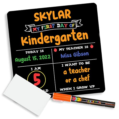 Book Cover First Day of School Board, Made in USA, 12 in x 12 in, 2-Sided, with Chalk Marker, Magic Eraser, My First Day of Kindergarten Signs, Preschool Back to School Chalkboard, Kids 1st Day Photo Prop Sign