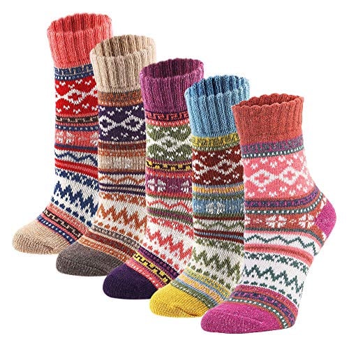 Book Cover YZKKE 5Pack Womens Vintage Winter Soft Warm Thick Cold Knit Wool Crew Socks, Multicolor, free size
