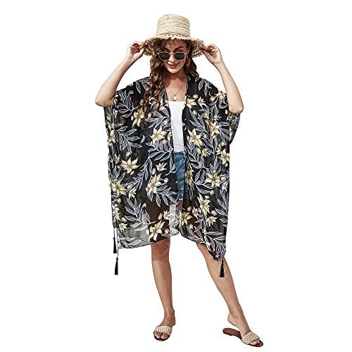 Book Cover Cover Up for Swimwear Women Floral Kimono Cardigan Shawl Half Sleeve Chiffon Summer Beach Bikini Blouse