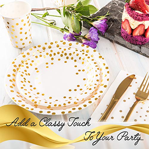 Book Cover Modda 200Pcs Gold Dot Disposable Paper Plates, Cups, Napkins Set - 50 Dinner and Dessert Plate, 50 Cup and Napkin for Engagement Wedding Birthday Bridal Baby Shower Party, Gold Paper Plates Sets