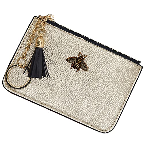 Book Cover AnnabelZ Women's Coin Purse Change Wallet Pouch Leather Card Holder with Key Chain Tassel Zip (Gold)