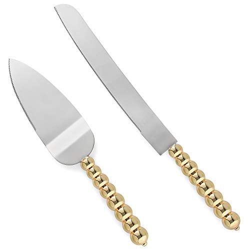 Book Cover Homi Styles wedding cake knife and server set | Elegant Gold Color With Beaded Handles & Premium 420 Stainless Steel Blades | Cake & Pie Serving Set For Wedding Cake, Birthdays, Anniversaries, Parties