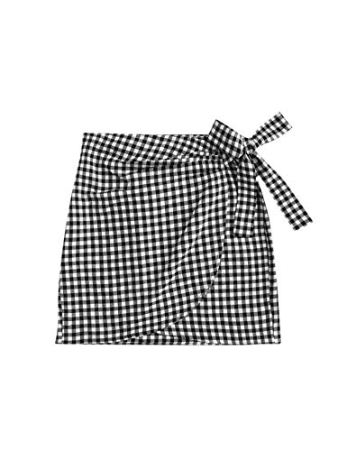 Book Cover WDIRARA Women's Mid Waist Gingham Print Asymmetrical Wrap Knotted Skirt Black and White