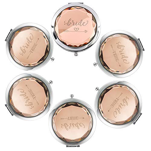 Book Cover Pack of 6 Compact Pocket Makeup Mirrors - 1 Bride Makeup Mirror 5 Bride Tribe Makeup Mirrors and 6 Gift Bags for Bachelorette Party Bridal Shower Hen Party Bridesmaid Proposal Gifts (Champagne)