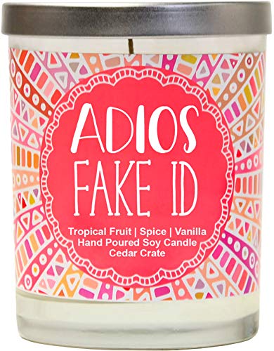 Book Cover Adios Fake ID Tropical Fruit, Spice, Vanilla Luxury Scented Soy Candles 10 Oz. Jar Candle Made in The USA Decorative Aromatherapy 21st Birthday Gifts for Women 21st Birthday Candles