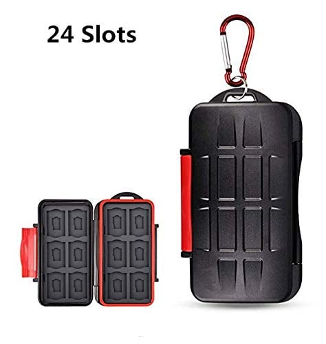 Book Cover UPZHIJI 24 Slots Memory Card Case Holder for 12 SD SDHC SDXC Cards + 12 TF MSD Micro SD Cards Professional Water-Resistant Anti-Shock Storage Protector Organizer, with Carabiner