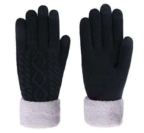 Book Cover ThunderCloud Women's Cable Knit 3 Finger Touchscreen Winter Mitten Gloves,Black1