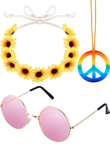 Book Cover 3 Pieces 70s Outfits for Girls Women Hippie Costume Set Includes 1 Piece Rainbow Peace Sign Necklace, 1 Piece Flower Crown Headband and 1 Pair of Hippie Sunglasses