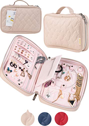 Book Cover AVEEPA Travel Jewelry Organizer – Travel Jewelry Case with Magnetic Snaps, Detachable Earrings Pad, Necklace Holder (Nude Pink), Jewerly Holder Organizer with an Outside Pocket