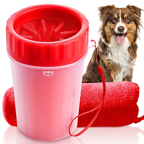 Book Cover Dog Paw Cleaner (Red) - Dog Paw Washer w/Handle Strap | Muddy Paws Cleaner, Pet Cleaner Cup | Durable & Gentle Bristles | Easy to Use & Clean | Perfect for Medium & Large Dogs | Free Towel