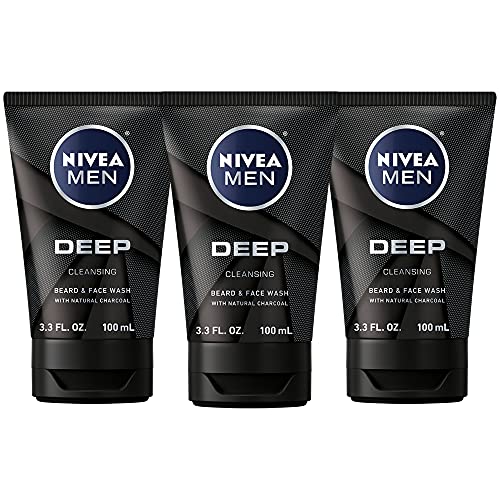 Book Cover Nivea Men DEEP Cleansing Beard and Face Wash, Enriched with Natural Charcoal, 3 Pack of 3.3 Fl Oz Tubes