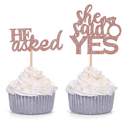Book Cover 24 Counts Glitter He Asked She Said Yes Cupcake Toppers Engagement Party Decorations - Rose gold