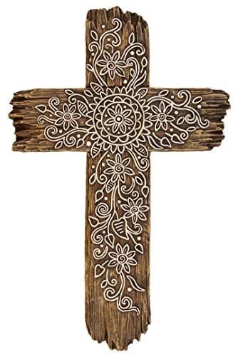 Book Cover DeLeon Collections Ornate Flower Wall Cross - Rustic Driftwood Look Decorative Spiritual Art Sculpture