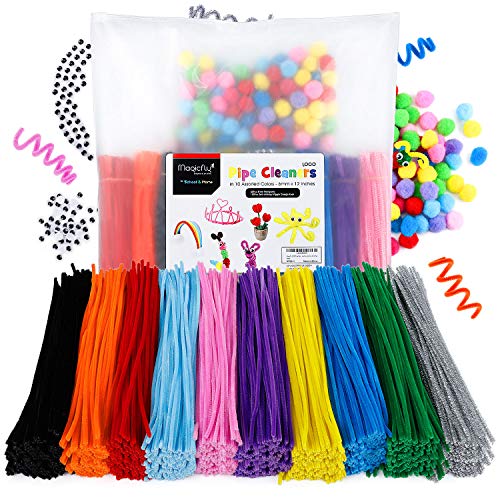 Book Cover Magicfly 1000 Pcs Pipe Cleaners with 100 Pieces Pompom Balls 25mm and 50 Pcs Wiggle Googly Eyes, Chenille Stems in 10 Assorted Colors, 6mm x12 inch for DIY Arts & Craft Projects