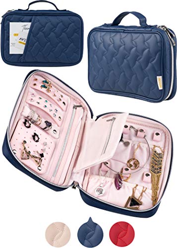 Book Cover AVEEPA Travel Jewelry Organizer – Travel Jewelry Case with Detachable Earring Organizer, Necklace Holder for Women (Navy Jewelry Roll). Traveling Jewelry Case with Outside Pocket