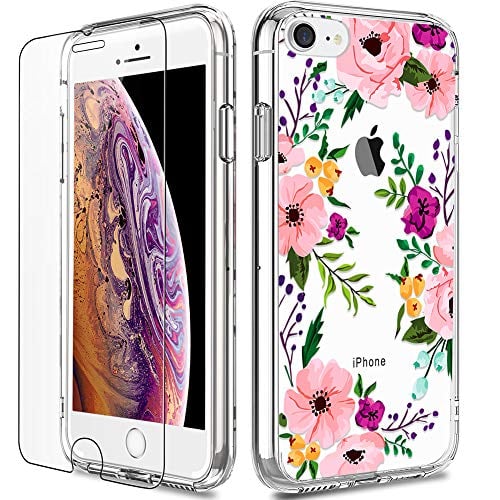 Book Cover iPhone 8 Case, Clear iPhone 7 Case with Screen Protector, LUHOURI Girls Women Floral Heavy Duty Protective Hard Case with Slim Soft TPU Bumper Cover Phone Case for iPhone 8 and iPhone 7