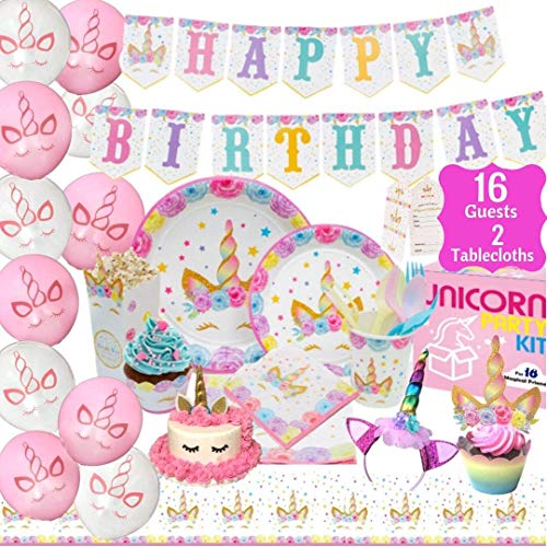 Book Cover Unicorn Party Supplies Kit - Birthday Party Supplies|Headband|Cake Topper| Cupcake Wrappers|Popcorn Boxes Party Favors Bags| Napkins| Plates|Cups| 2 Table Cloths Decorations Theme for Girls| Serve 16!