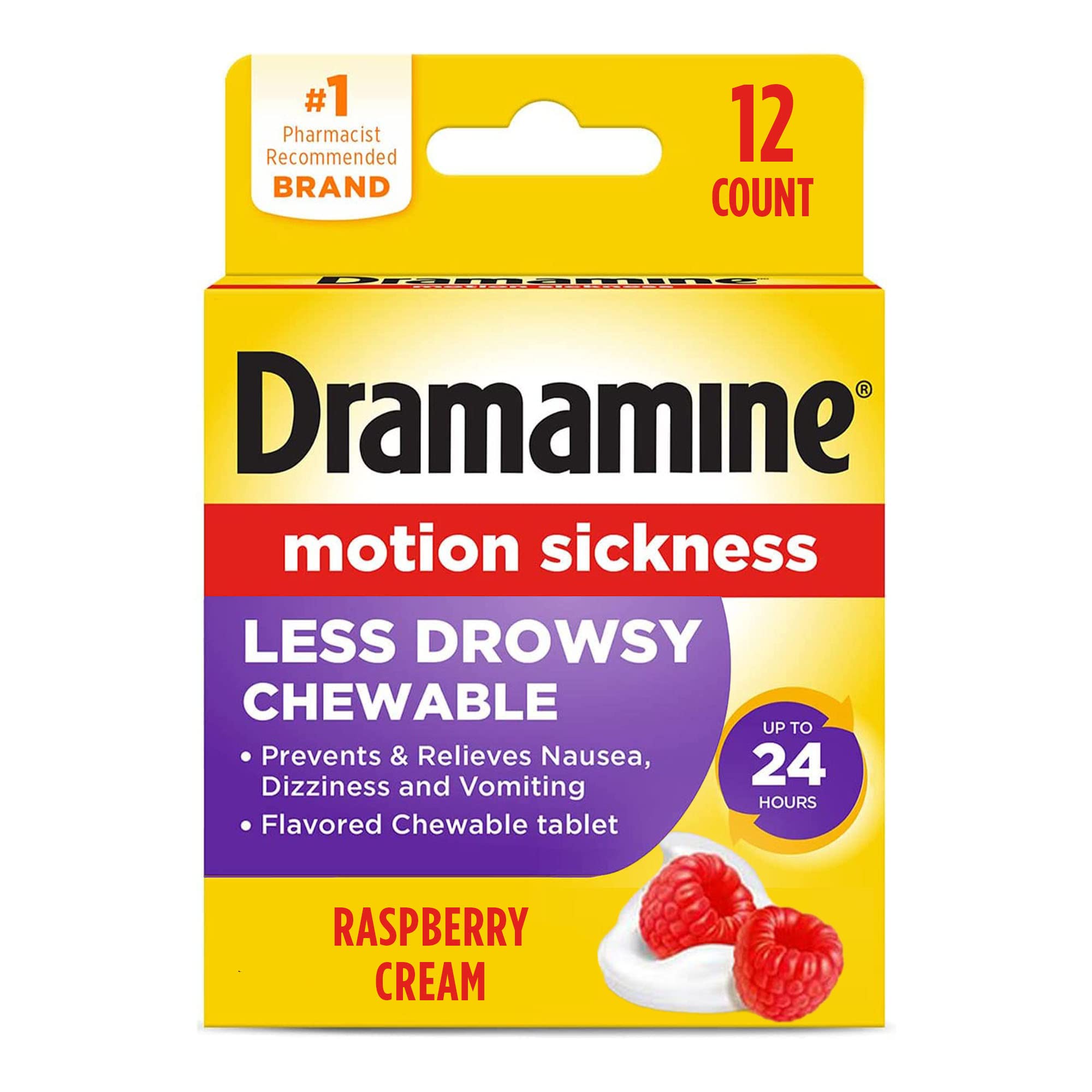Book Cover Dramamine All Day Less Drowsy Motion Sickness Relief, 12 Chewable Tablets, Raspberry Cream Flavor 12 Count
