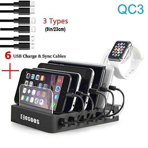 Book Cover COSOOS Fastest Charging Station with QC3, 6 Phone Charger Cables(3 Types),lWatch Stand,6-Port USB Charger Station,Charging Station for Multiple Devices,Tablet,Kindle(UL Certified)