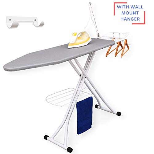 Book Cover Xabitat Deluxe Ironing Board with Wall Mount Storage, Storage Tray for Finished Clothes, Wire Rack for Hanging Shirts and Pants, Safety Iron Rest, Home Laundry Room or Dorm Use - Grey