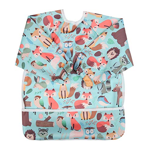 Book Cover Sigzagor Baby Bib Sleeved Shirt With Pocket 1-3 years old Toddler Painting Drawing (Racoon), 15.3inx12.6in