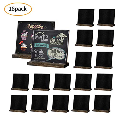 Book Cover 18 Pack Mini Chalkboard Signs, 5 X 6 Inch Vintage Wooden Tabletop Chalkboard Sign with Base Stand, Small Chalkboard Sign for Party, Restaurant, Wedding and Bar Countertop