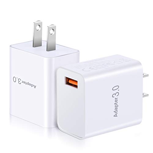 Book Cover USB Charger, OKRAY 2 Pack 18W QC 3.0 Wall Charger Fast Charging USB Power Adapter with Wall Plug Compatible with 10W Wireless Charger, iPhone 11/XS/8, Galaxy S10/S9 (White White)