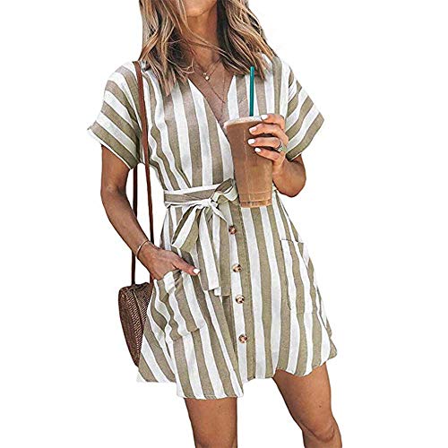 Book Cover OEUVRE Women V Neck Short Sleeve Wrap Tie Waist Button Front Shirt Dress Striped Dress with Pocket