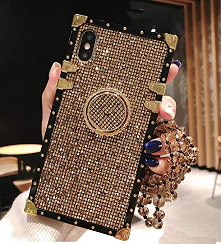 Book Cover KAPADSON for iPhone 7 Plus /8 Plus Luxury Bling Glitter Sparkle Cute Gold Square Corner Soft Shock-Absorption Phone Hold Case Cover with Strap - Gold