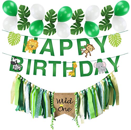 Book Cover Wild One Birthday Decorations, Wild One Kids 1st Birthday HighChair Banner, Safari Zoo Animals Happy Birthday Banner with 12 PCS Artificial Palm Leaves for Baby Girl Boy 1st Birthday Jungle Safari Party Decorations Supplies