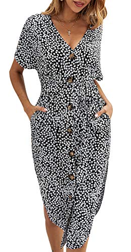 Book Cover BTFBM Women V Neck Short Sleeve Button Stylish Floral Print Two Side Split Casual Belt Dress with Pockets