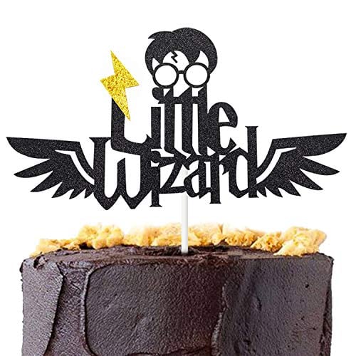 Book Cover Little Wizard Cake Topper for Kids Boy HP Themed Happy Birthday Gender Reveal Baby Shower Party Supplies Glitter Black Decorations DOUBLE SIDE