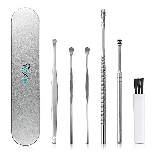 Book Cover WaxOut Ear Wax Removal Tool Cleaner Kit with Metal Storage Box | 6 Pcs Ear Pick Curette Set with Cleaning Brush for Earwax Remover and Cleansing | Medical Grade Stainless Steel Ear Cleaning Tools