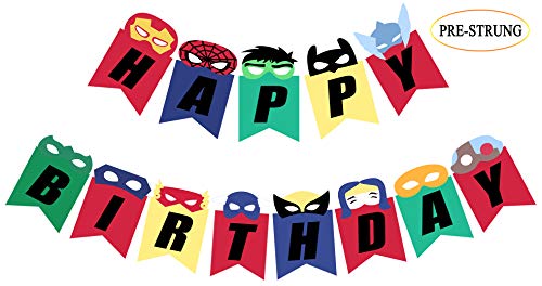 Book Cover Pre Strung Superhero Inspired Bday Banner, Superhero Theme Happy Birthday Sign for Party Decorations