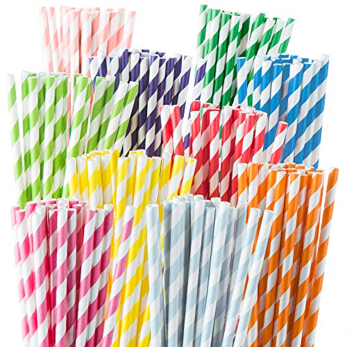 Book Cover Weemium 200 Biodegradable Paper Straws - Durable & Eco-Friendly in 10 Color Stripes - Rainbow Drinking Straws & Party Decoration Supplies