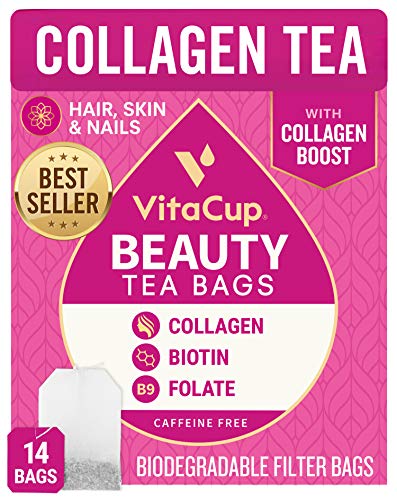 Book Cover VitaCup® Beauty Tea Bags 14ct w/ Caffeine Free, Collagen, Biotin, Vitamins for Hair Skin and Nails in Sealed Single Serve Tea Sachet Bag