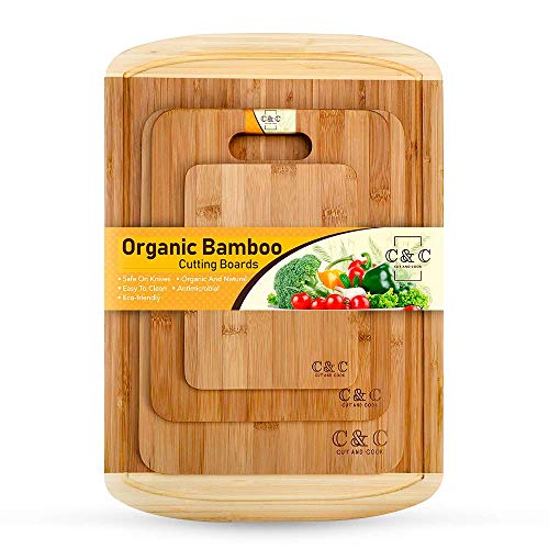 Book Cover Organic Bamboo Cutting Board Set of 4 - Eco-Friendly Kitchen Chopping Boards with Juice Groove for Meat, Vegetables, Cheese & Fruits - Long Lasting Carving Board Serving Tray
