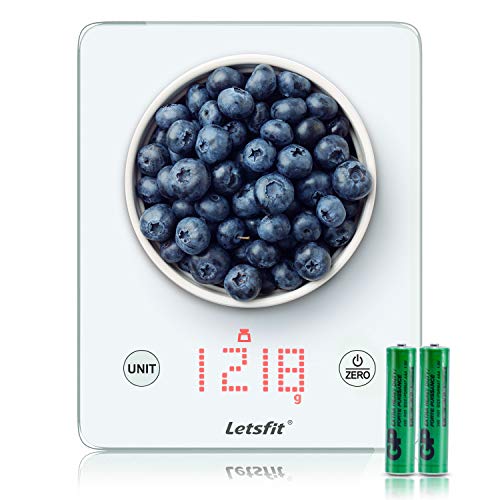 Book Cover Letsfit Digital Kitchen Scale, Multifunction Food Scale and LED Screen Display, Glass Platform, Capacity Range from 0.1oz (1g) to 11lbs (5000g), Batteries Included
