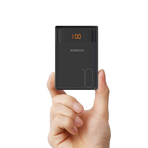 Book Cover ROMOSS 10000mAh Mini Portable Charger External Battery Packs with Dual USB Output 2.1A LCD Display Perfect Carry for Travel, Compatible for iPhone X 10 8 Plus, Samsung Galaxy S8, Tablets More(Black
