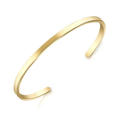 Book Cover Lolalet Thin Open Cuff Bracelet, for Girlfriend Wife Mom, 18K Gold Plated Couples Oval Love Bracelets, Plain Polished Finish Open Cuff Bangle Jewelry Gift for Men Women -Gold