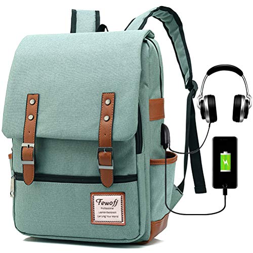 Book Cover Professional Laptop Backpack with USB Charging Port & Headphone Jack, FEWOFJ Vintage Slim Business Travel Bag, Fashion College School Bookbag Fit for 15.6inch Notebook Tablet (Green)