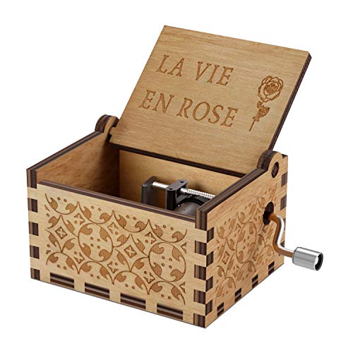Book Cover Wood Music Boxes- La Vie En Rose Carved Hand Crank Musical Box Wooden Classic Handmade Engraved Valentines Birthday Gift for Kids, Boys, Girls, Friends (La Vie En Rose)