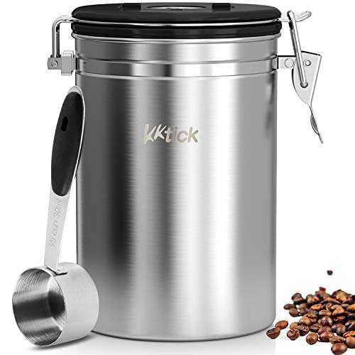 Book Cover KKTICK Coffee Canister, Airtight Coffee Container with Scoop, CO2 Vent Valve and Date Tracker Wheel, Stainless Steel Storage Vault for Whole/Ground Coffee Bean, Keeps Your Coffee Fresh - Large 64floz