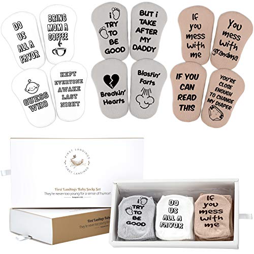 Book Cover First Landings Baby Socks Gift Set | Adorable Quotes, 6 Pairs of Infant Socks and Gift Packaging | Newborn Socks | Gender Neutral Baby Shower Gifts | Newborn Baby Socks Set